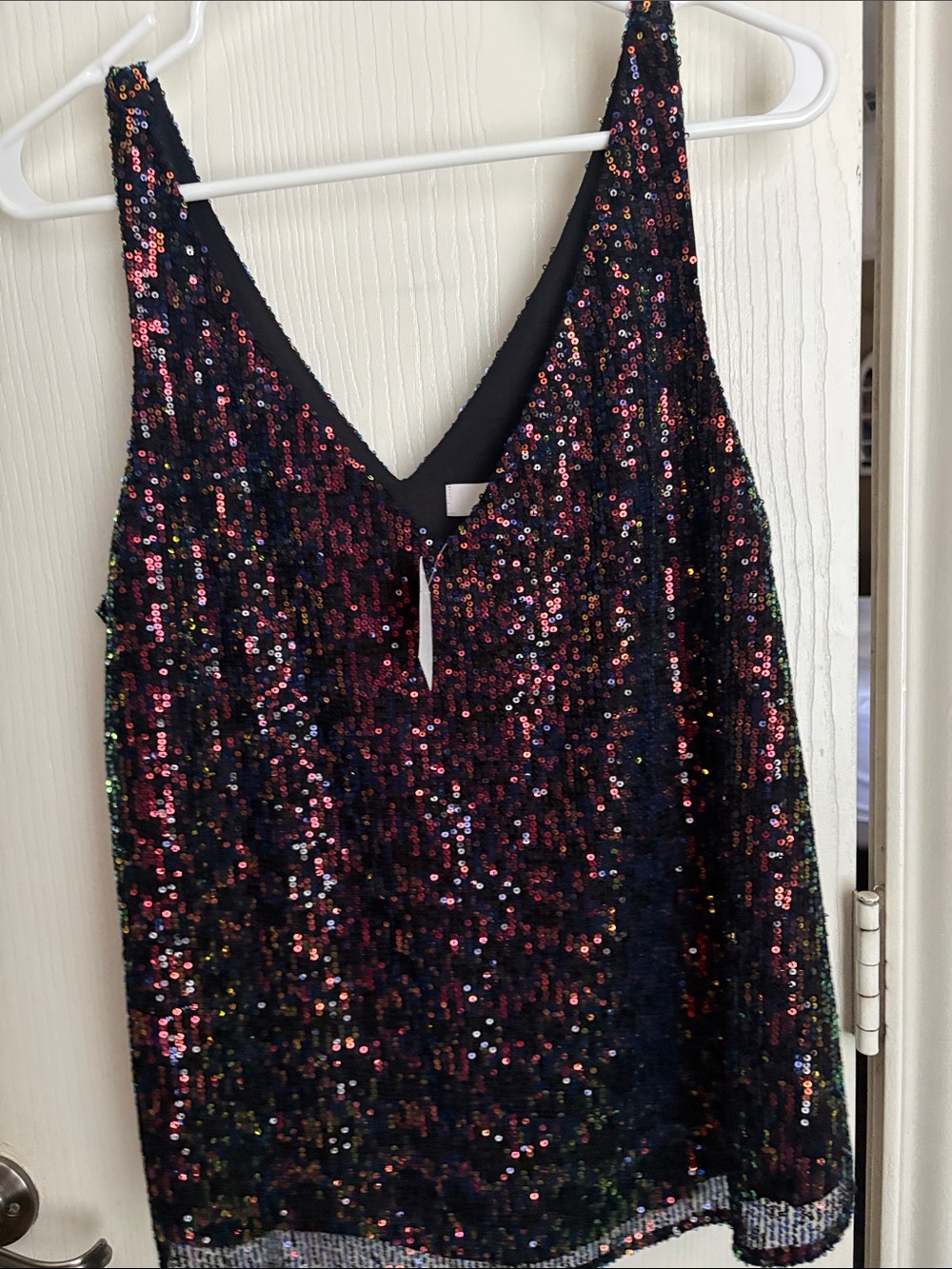 Loft Sequin V-Neck Tank Top - Black with Multicolor Sparkle